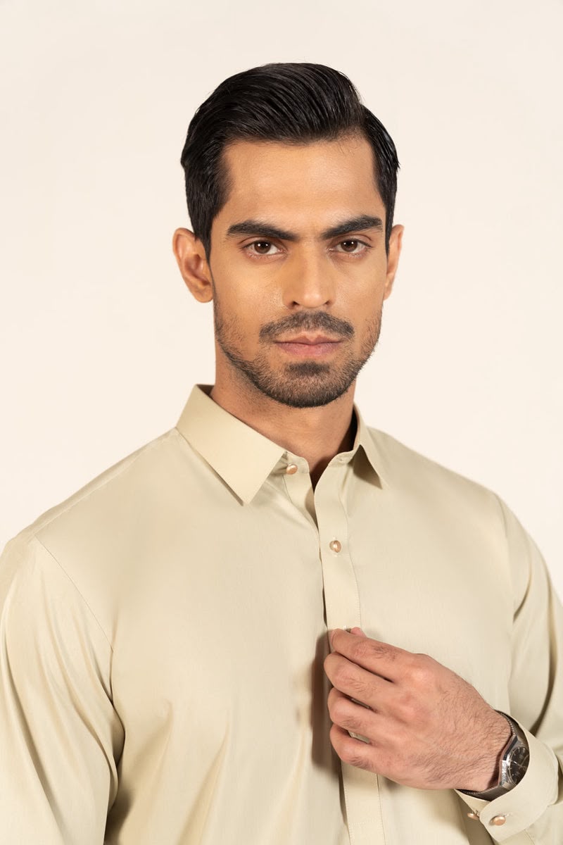 Classic Beige Kurta Shalwar – Modern Collar Style