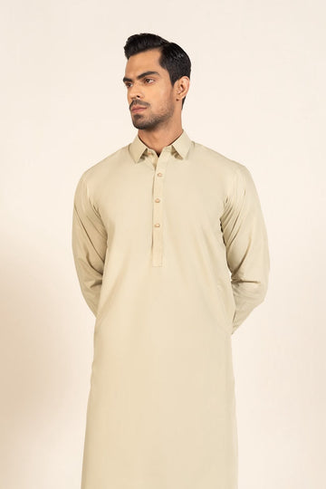 Classic Beige Kurta Shalwar – Modern Collar Style