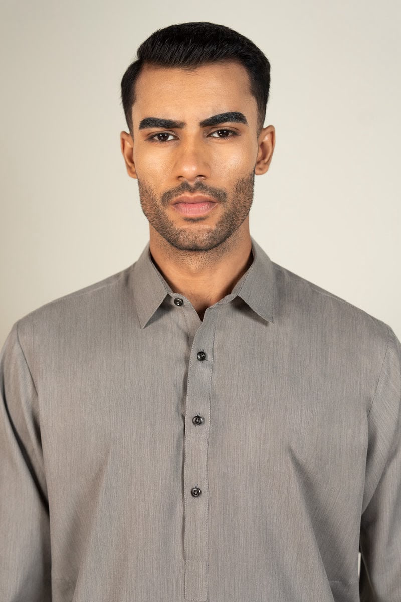 Classic Grey Kurta – Modern Shirt Collar Style
